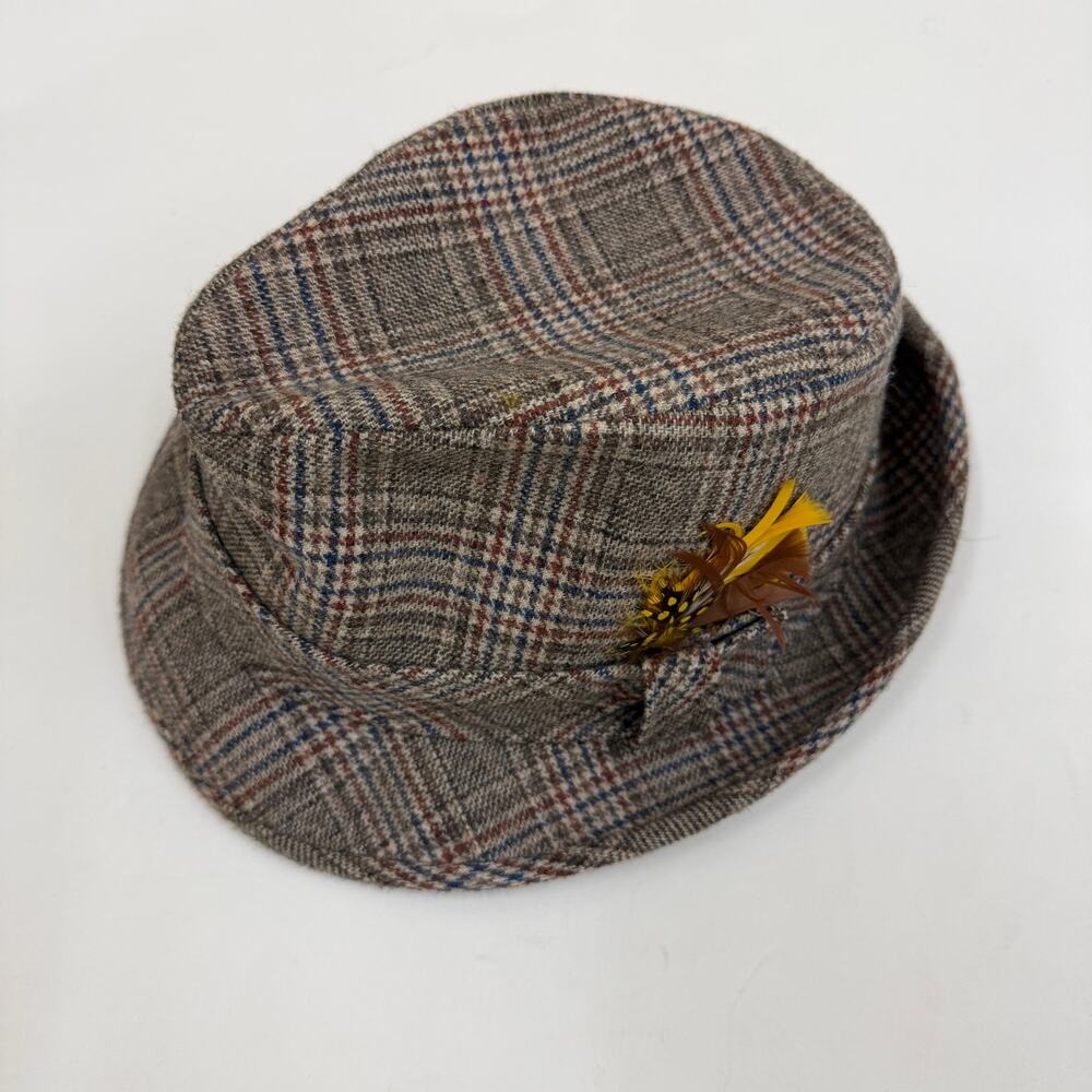 Vintage Pendleton Wool Fedora Hat Mens 7 1/2 Glen Plaid Feather Made in USA